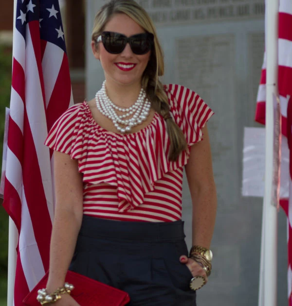 Veterans day outfit: red striped ruffle top with navy pants