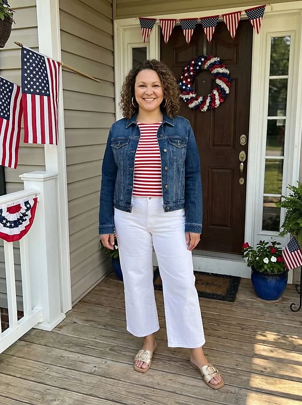 Veterans day outfit: denim jacket with striped top and white pants