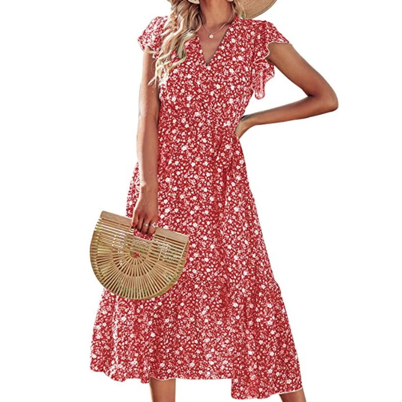 Veterans Day work outfit: Red floral midi dress with rattan clutch
