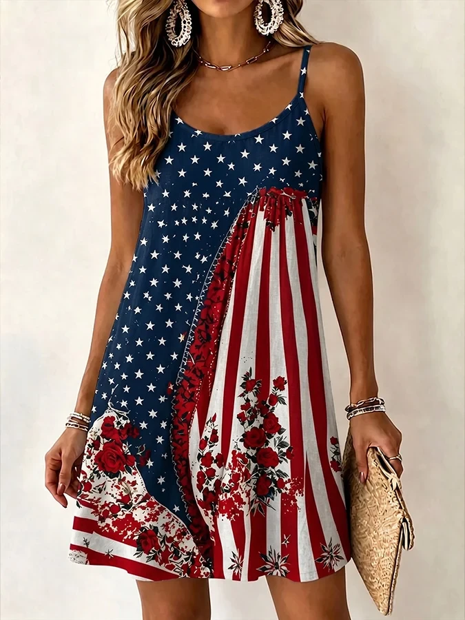Veterans Day work outfit: American flag print dress with floral details