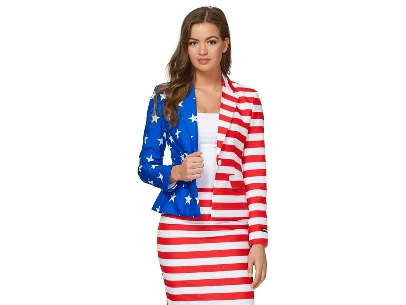 Veterans Day work outfit: Stars and stripes blazer with matching striped pencil skirt