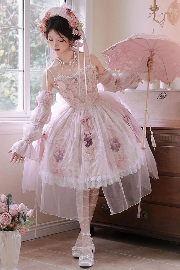 Whimsical outfit idea: pink lace lolita dress with floral bonnet and pink parasol