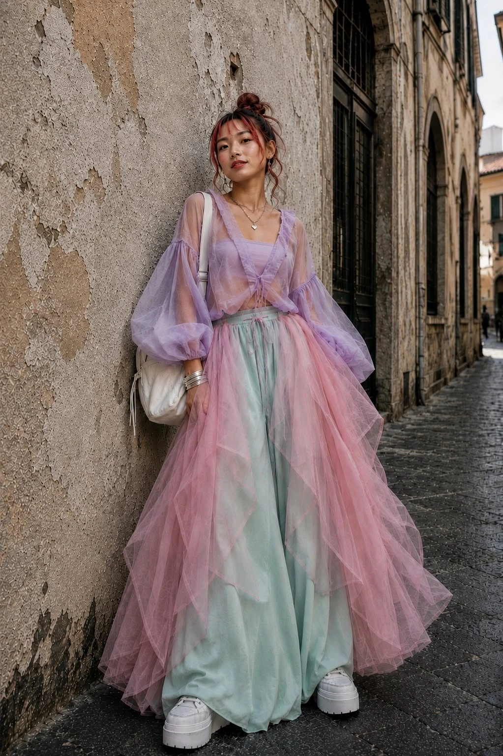 Whimsical outfit idea: pastel fairy outfit with pink tulle skirt in an old town alley