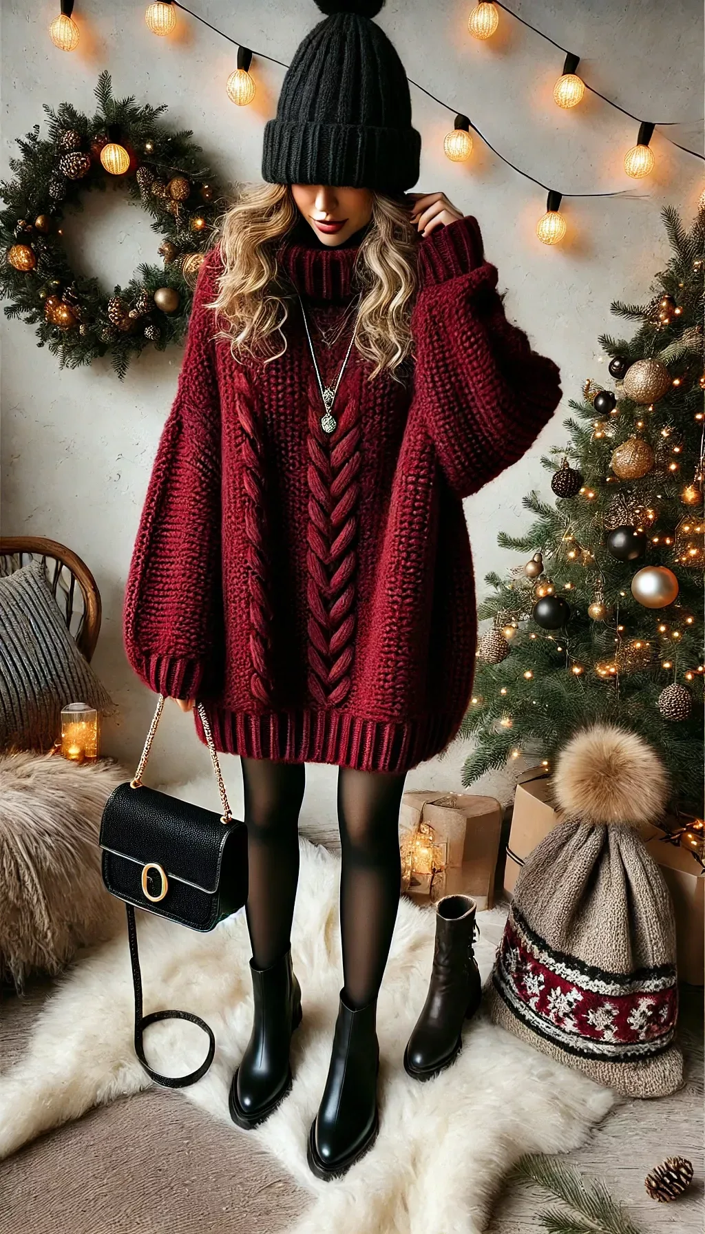 Winter date night outfit: red cable knit poncho sweater festive look