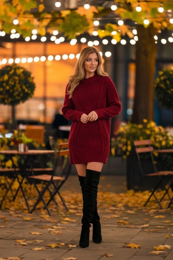 Winter date night outfit: burgundy sweater dress with over knee boots