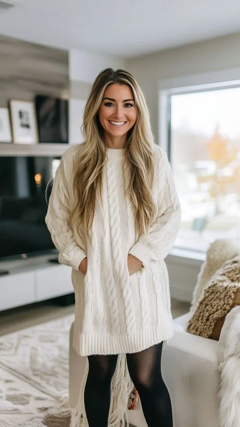 Winter date night outfit: white chunky sweater dress with black tights
