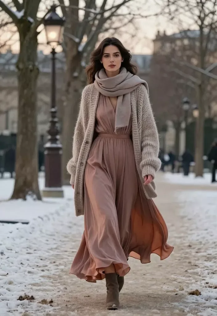 Winter date night outfit: beige scarf and blush maxi dress in snow