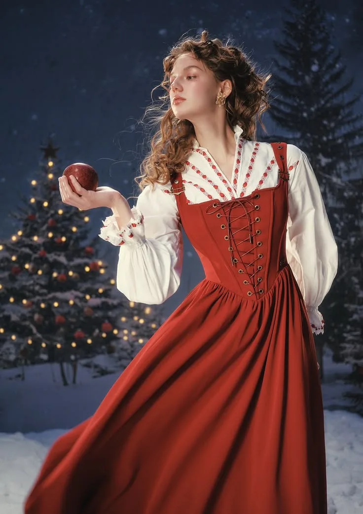 Winter date night outfit: red corset gown by Christmas tree