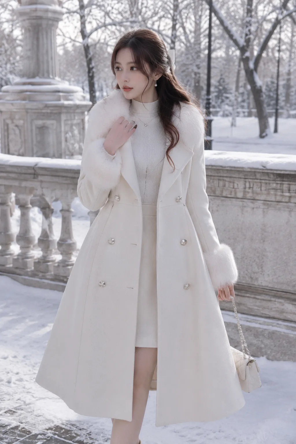 Winter date night outfit: white coat dress in snowy plaza