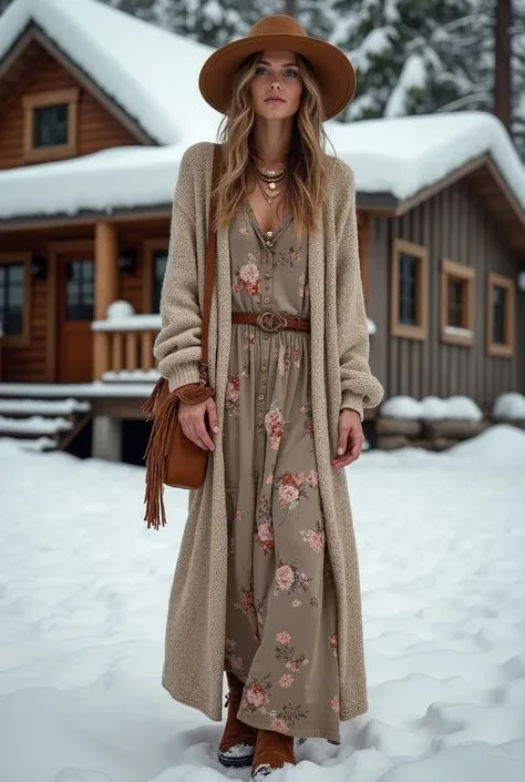 Winter date night outfit: long floral dress with coat at snow cabin