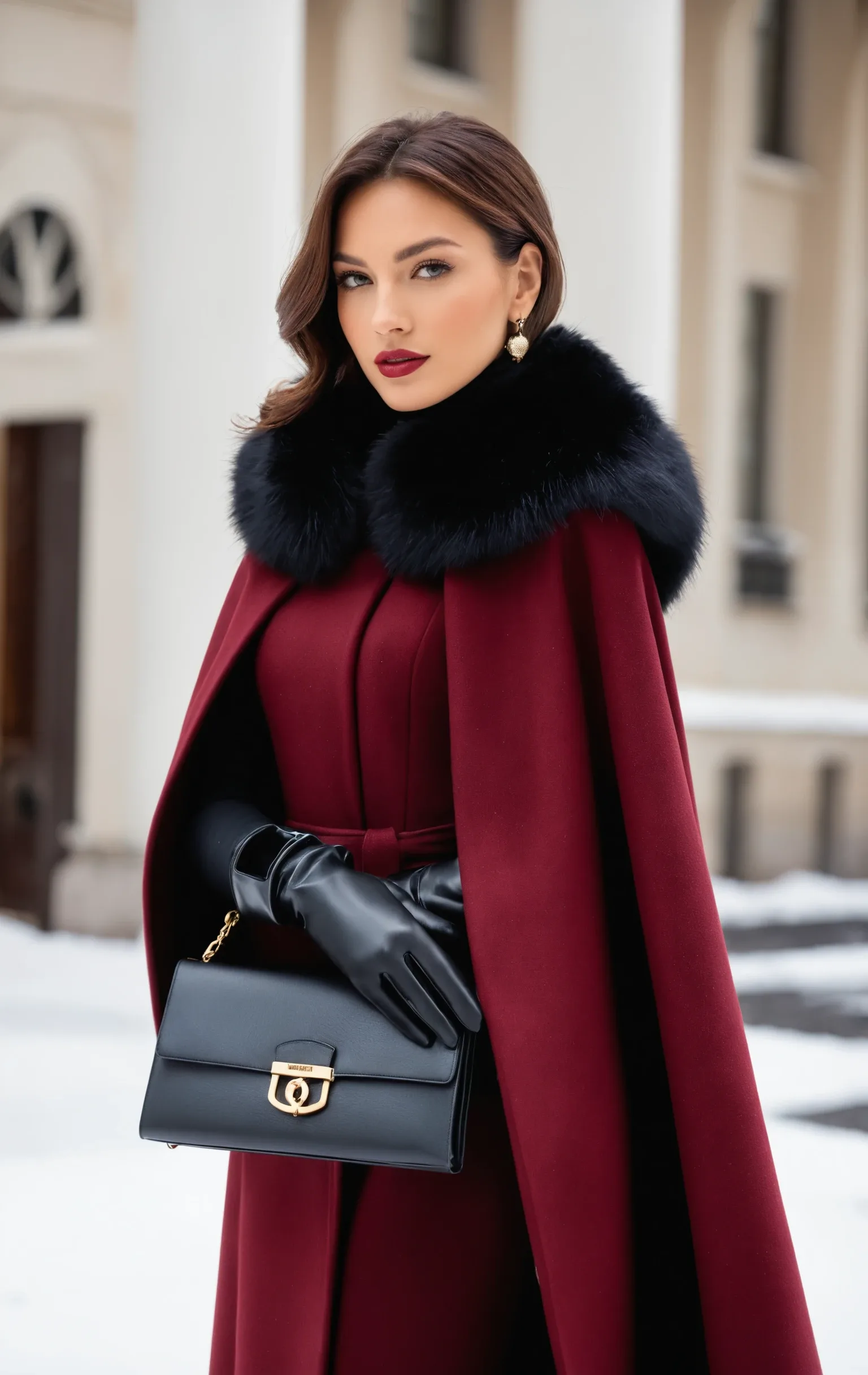 Winter date night outfit: burgundy cape coat with fur collar