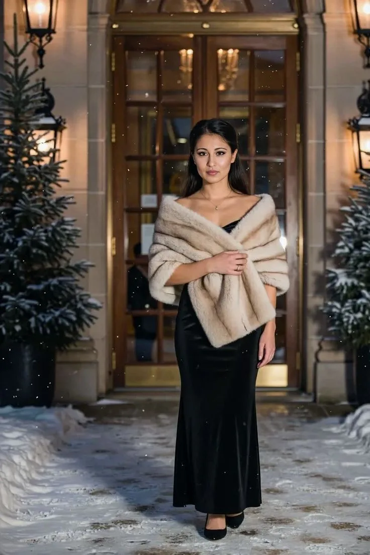 Winter date night outfit: black velvet skirt with cream shawl evening look
